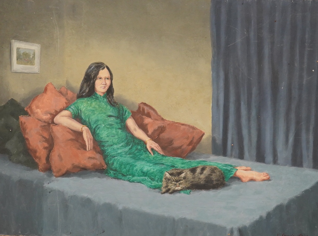 Victor Coverley-Price (1901-1988), oil on board, Study of a reclining woman wearing green, signed, 46 x 61cm, unframed. Condition - fair